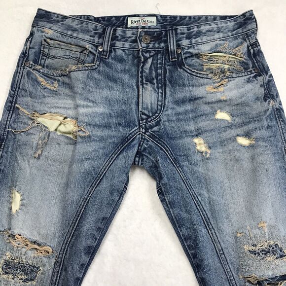 RIVET DE CRU Jayden Jean Men 34x32 Destroyed Distressed Rip Repair Denim Blue - Picture 3 of 16